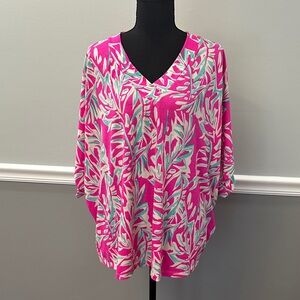 White Birch Pink and Teal Leaf Pattern Top